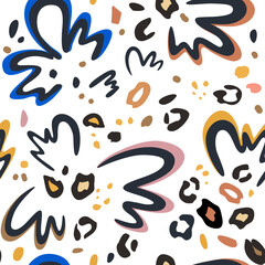 Seamless summer background with minimalist modern abstract pattern and spots of leopard skin. Fashionable template for design in modern style