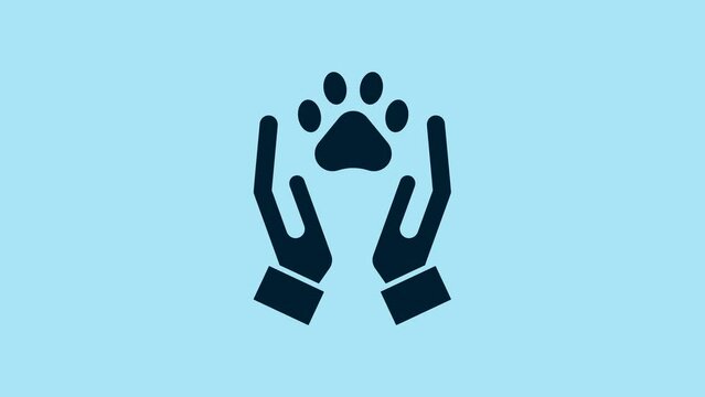 Blue Hands with animals footprint icon isolated on blue background. Pet paw in heart. Love to the animals. 4K Video motion graphic animation