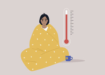 A young Caucasian character wrapped in a blanket unwell with high temperature and headache