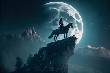 A woman riding a wolf, at the top of a cliff in the night with full moon, moonlight, and scary horror backdrop and the wolf is howling.