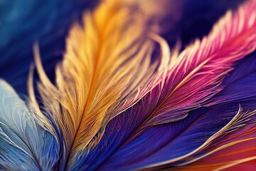 Abstract background. Silhouettes of flying feathers of different birds on the background. colorful.