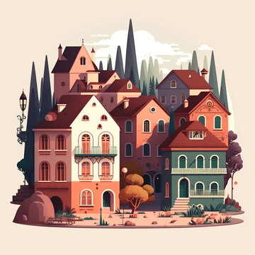 Scenic European village, simplified, flat rendering.  Generative AI.