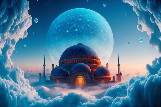 Fantasy AI palace, domed, in the clouds, inviting, dreamlike.  Generative AI.