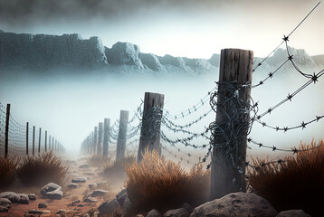 Barbed wire guarding a mysterious landscape. 