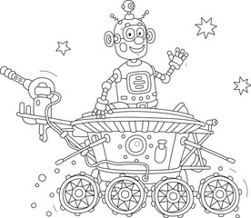 Funny robot friendly smiling, waving in greeting and piloting a small lunar rover somewhere beyond the planet Earth, black and white outline vector illustration for a coloring book