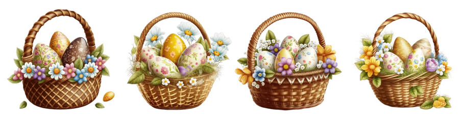 Easter basket with hand painted eggs multicolored and spring flowers on a transparent or white background