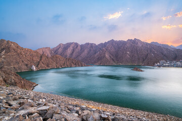 Lake Dam in Hatta mountains in Dubai, UAE
