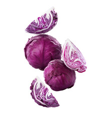 Delicious raw red cabbages falling on white background