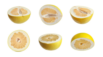 Collage with halves of fresh pomelo fruits on white background