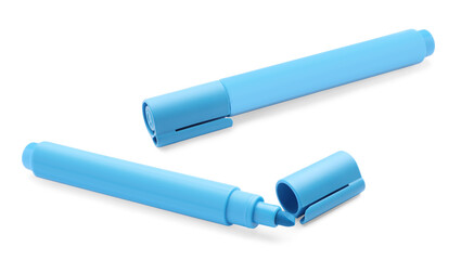 Bright light blue markers on white background. School stationery