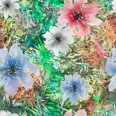 Seamless vintage pattern, blue flowers,Plant in watercolor. Mimosa, chamomile and other plants on a branch. Blossoming acacia or caragana tree. Fashionable background. Abstract splash of paint. 