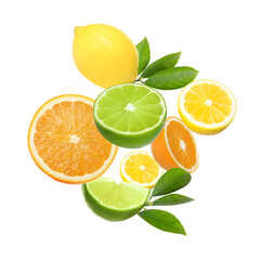 Different fresh citrus fruits and green leaves falling on white background