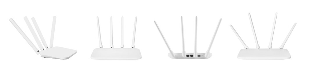 Modern Wi-Fi router on white background, view from different sides