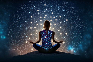 Woman sitting in yoga lotus pose looking at  starry sky.  Meditation. Generative digital art. AI illustration.