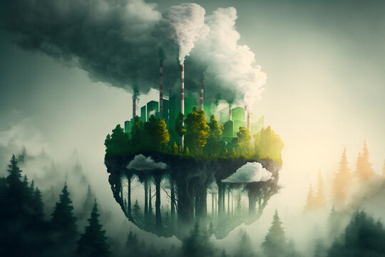 Factory smoke covering green forest, double exposure, global warming concept, generative ai.