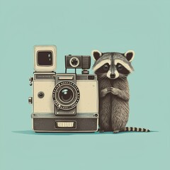 Raccoon taking photo with vintage camera