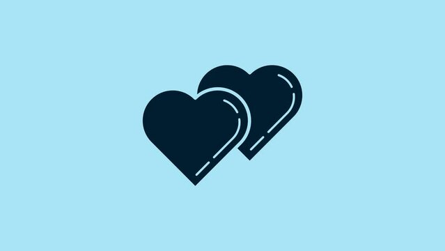 Blue Two Linked Hearts icon isolated on blue background. Romantic symbol linked, join, passion and wedding. Valentine day symbol. 4K Video motion graphic animation