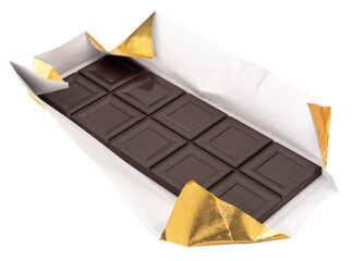 Dark chocolate bar unwrapped from golden foil paper
