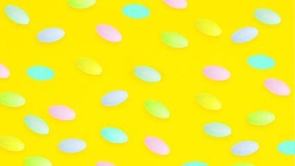 Multicolor pills on yellow background. Medicine pattern treatment pharmacy