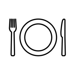Plate, fork and knife line icon in flat style. Food symbol isolated on white background Bar, cafe, hotel concept Simple eating icon in black Vector illustration for graphic design, Web, UI, mobile app