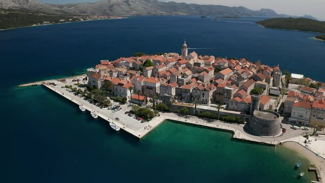 Aerial shot of the Old medieval town Korcula center