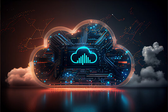Server Farm Cloud big data computer technology concept. Data Center of cloud computing hub with artificial intelligence. Ai generated illustration