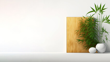 white wall with potted plants on the side with a wooden block on the side, Podium, base, background, studio interior, photography, illustration