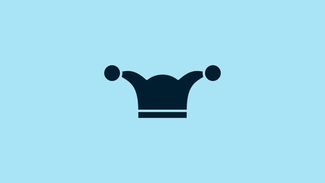 Blue Jester hat with bells isolated on blue background. Clown icon. Amusement park funnyman sign. 4K Video motion graphic animation