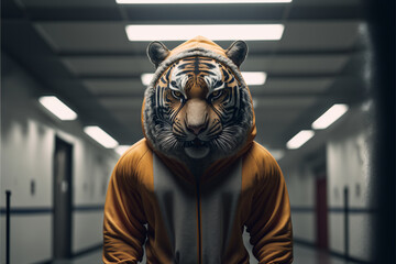 Tiger portrait in tracksuit, anthropomorphic animal illustration, ai generated art