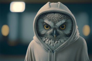 Owl portrait in white tracksuit, anthropomorphic animal illustration, art generated by ai