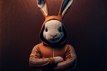 Portrait of a rabbit in a tracksuit, anthropomorphic animal illustration, AI-generated art