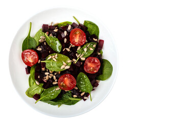 Salad with beetroot spinach cherry tomatoes and seeds healthy vegetarian food on isolated png background