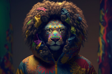 Portrait of a multi-colored lion in a bright tracksuit, anthropomorphic animal illustration, art generated by ai