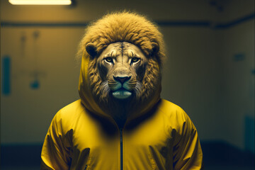 Fototapeta na wymiar Portrait of a lion in a yellow tracksuit, illustration of an anthropomorphic animal, AI generated art
