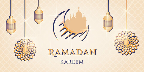 Ramadan kareem greeting card. Realistic 3d banner with mosque silhouette, lantern, gold flowers, moon, lantern, pattern. National religious holiday. Eid mubarak banner. Vector illustration