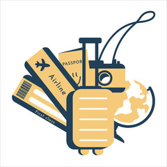 Travel composition with plane tickets, passport, camera, suitcase, globe. Air travelling and tourist trip concept. Vector flat illustration for web, promotional, advertising, journey agency.