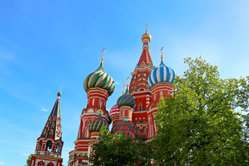 Basil's Cathedral on Red Square in Moscow, Russia. Summer view of the famous landmark. Beautiful ancient architecture building of old church in the capital of Russia. It is famous tourist attraction.