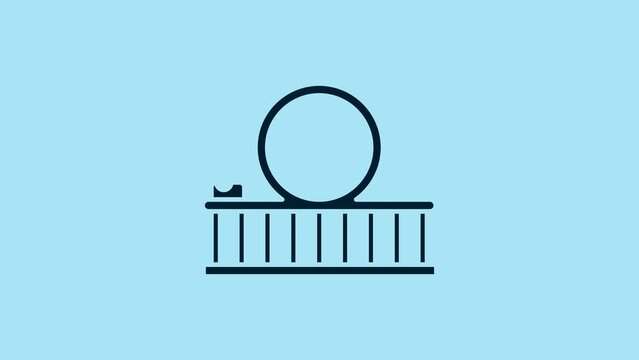 Blue Roller coaster icon isolated on blue background. Amusement park. Childrens entertainment playground, recreation park. 4K Video motion graphic animation
