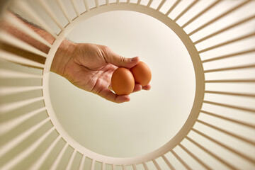 Expired chicken eggs are thrown into the trash for recycling and recycling. View from below. The concept of disposal and processing of waste.