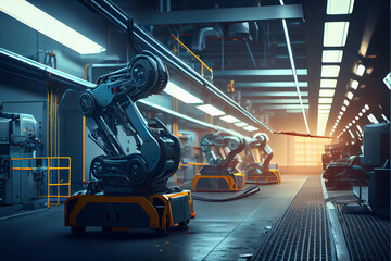 Car Factory Digitalization Industry Concept Automated Robot Arm Assembly Line Manufacturing Electric Vehicles. Modern manufactory lines. High quality ai generated illustration.