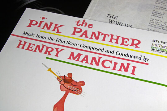 Viersen, Germany - January 1. 2023: Closeup of isolated vinyl record album cover with pink panther theme of Henry Mancini
