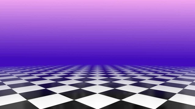 Vaporwave background with checkerboard floor, purple sky.