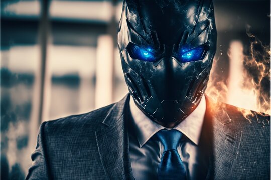 Roboter Gesch&auml;ftmann mit Alienkopf und Anzug in der Zukunft cyborg, ai generativ