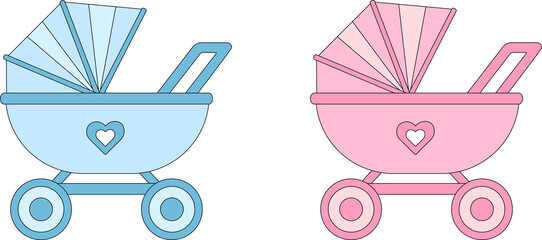 Two baby carriage are blue and pink.