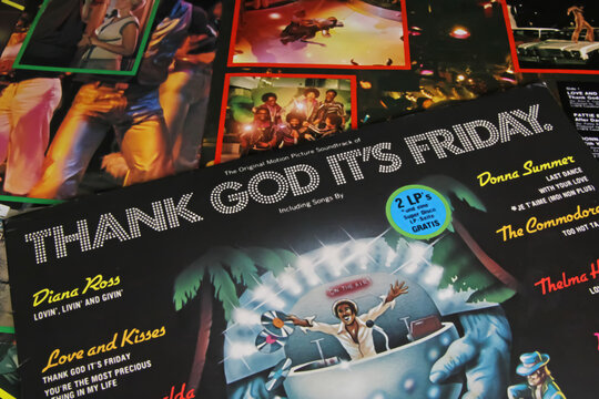 Viersen, Germany - January 1. 2023: Closeup of  isolated vinyl record cover of musical disco movie soundtrack Thank god its friday