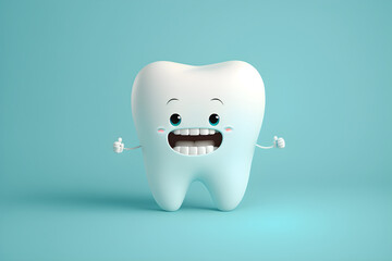 Happy tooth, smiling and healthy tooth on blue background with copy space