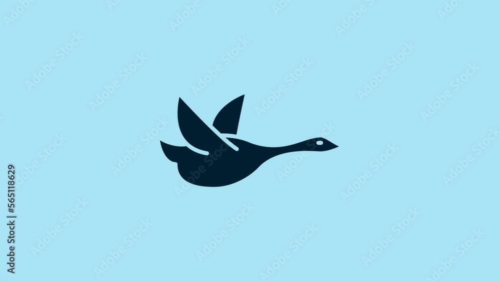 Poster blue flying duck icon isolated on blue background. 4k video motion graphic animation