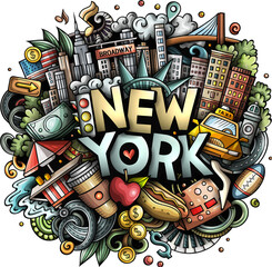 New York city doodle detailed funny cartoon illustration