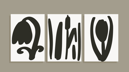 Mid Century Modern Flower Vector Set. Minimalist black and white designs 