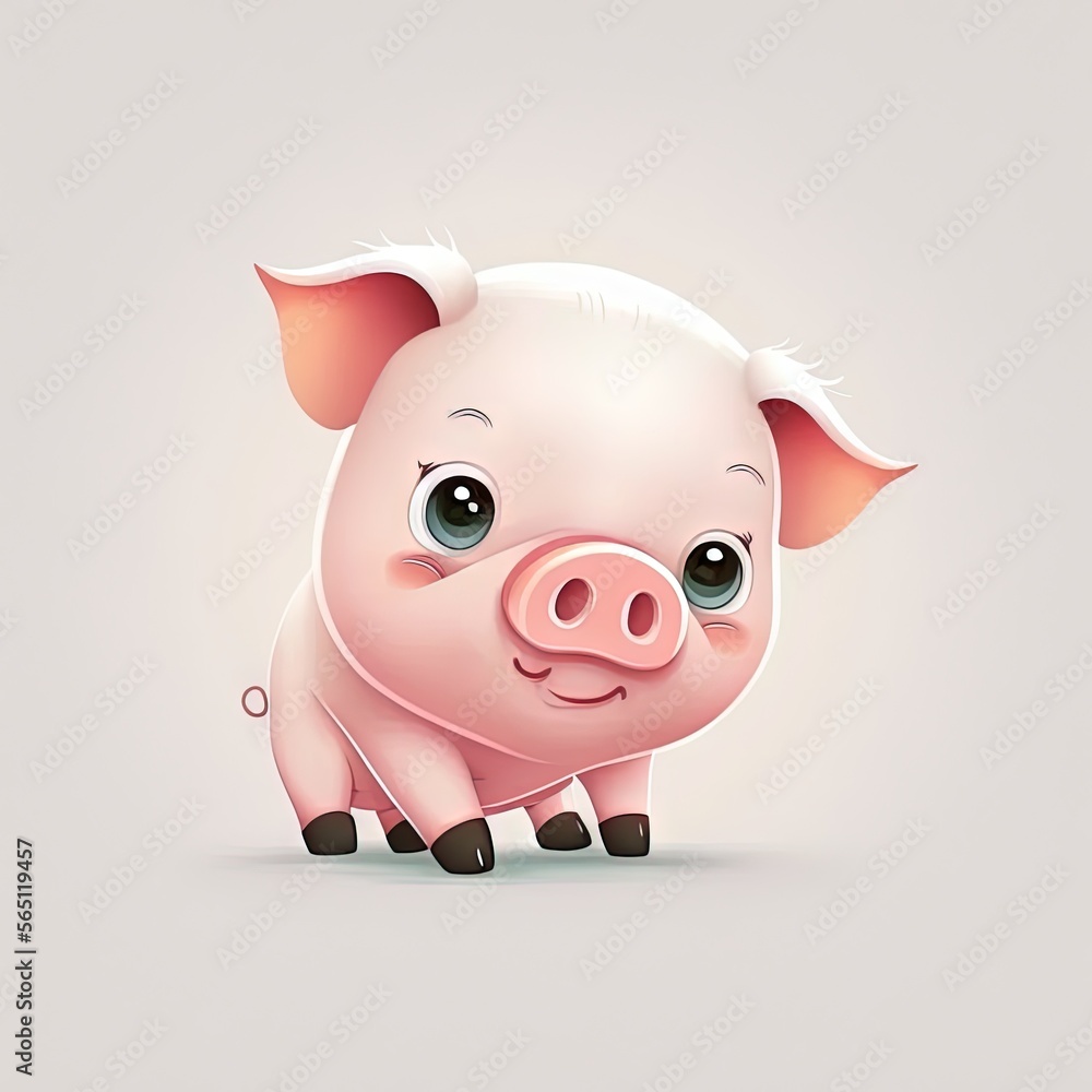 Poster a pig with a sad look on its face and eyes, standing in front of a white background with a gray back